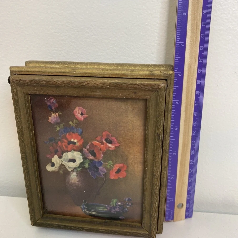 Vintage Wood Vanity Dresser Gold Jewelry Box Mirror 5x6